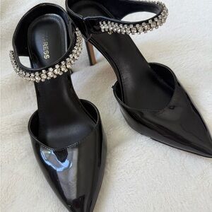 Express Black Rhinestone Leather Heels